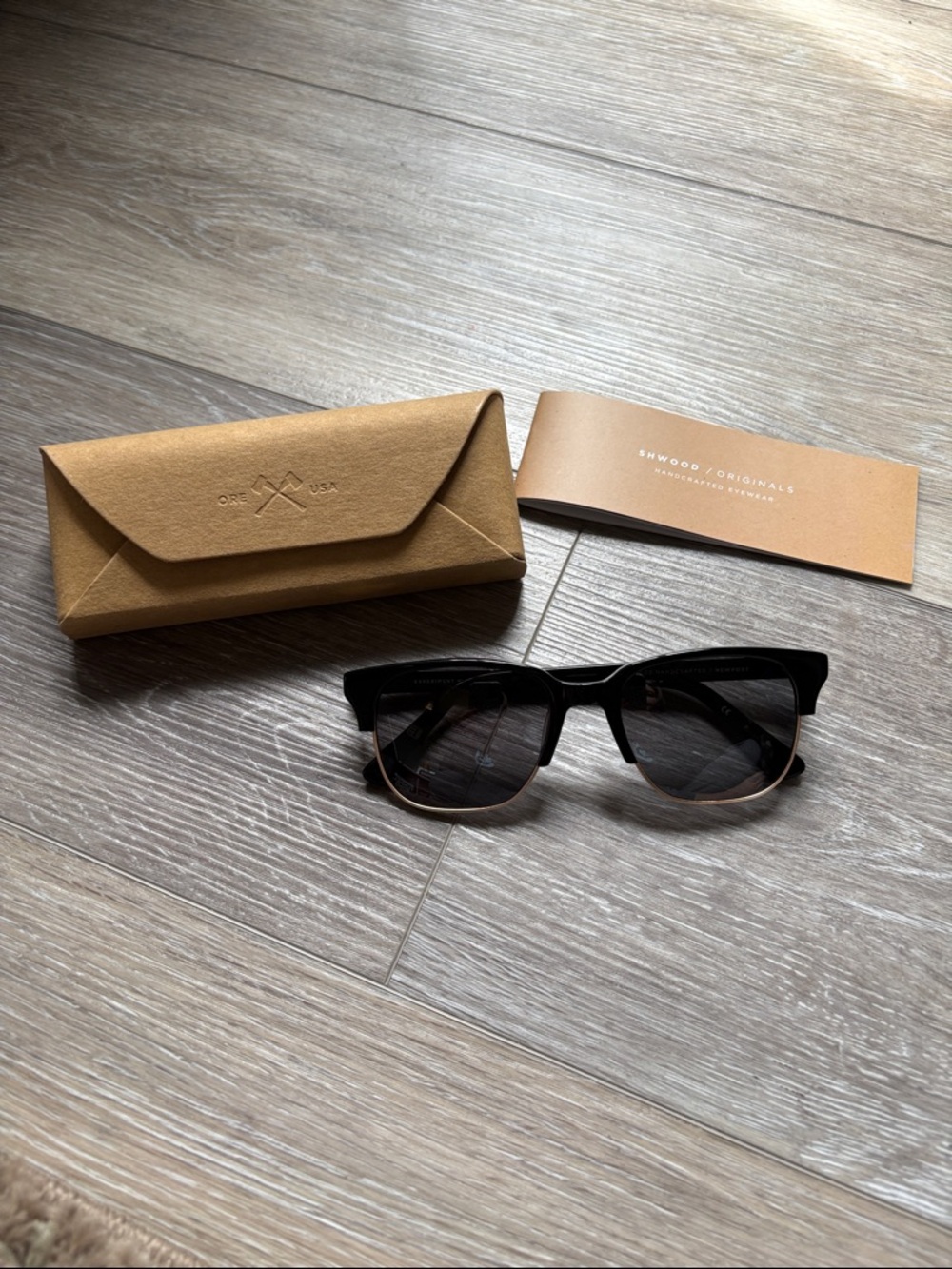 Shwood Black/Gold/dark wood Newport Sunglasses